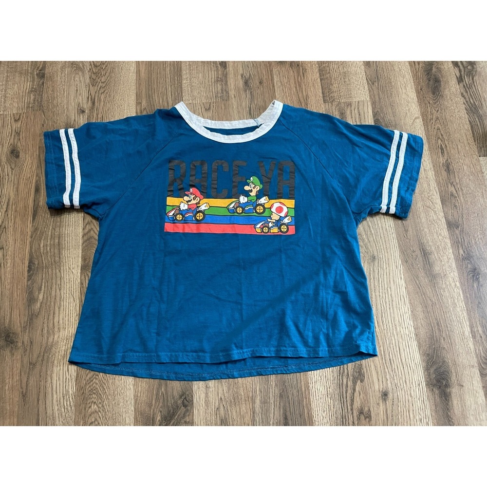 Mario Kart Shirt, Women's Size XL, Blue White, Mario Luigi Race Ya, Crop Top